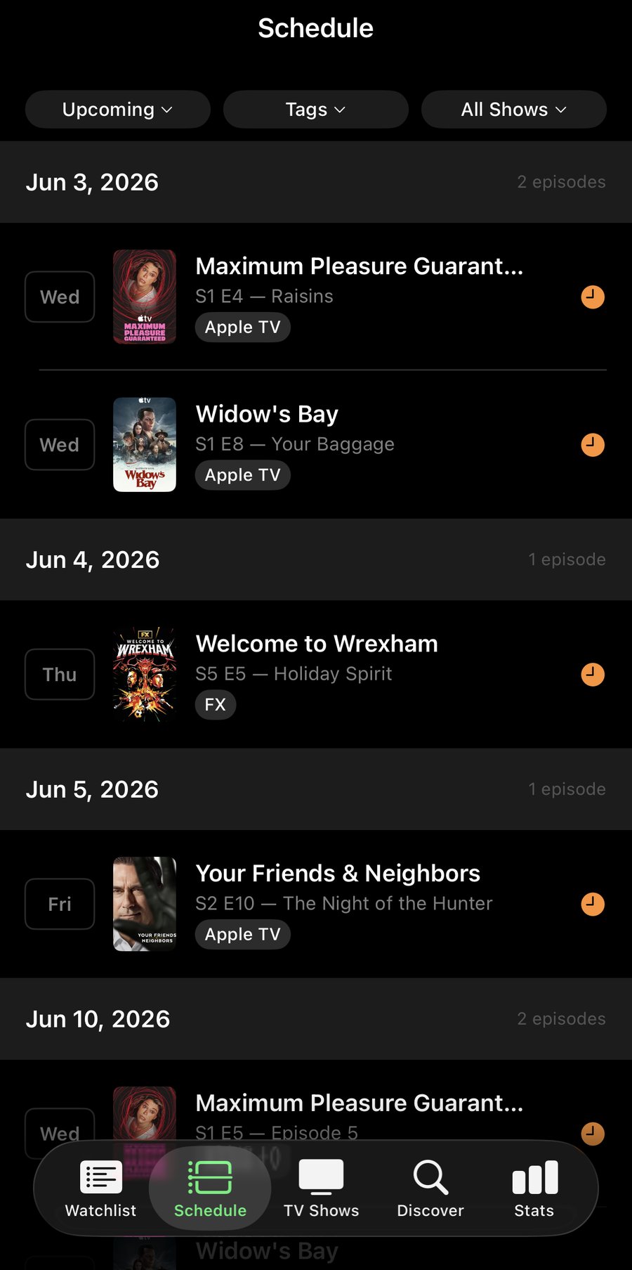 Schedule tab — upcoming episodes grouped by Today, Tomorrow, and future air dates
