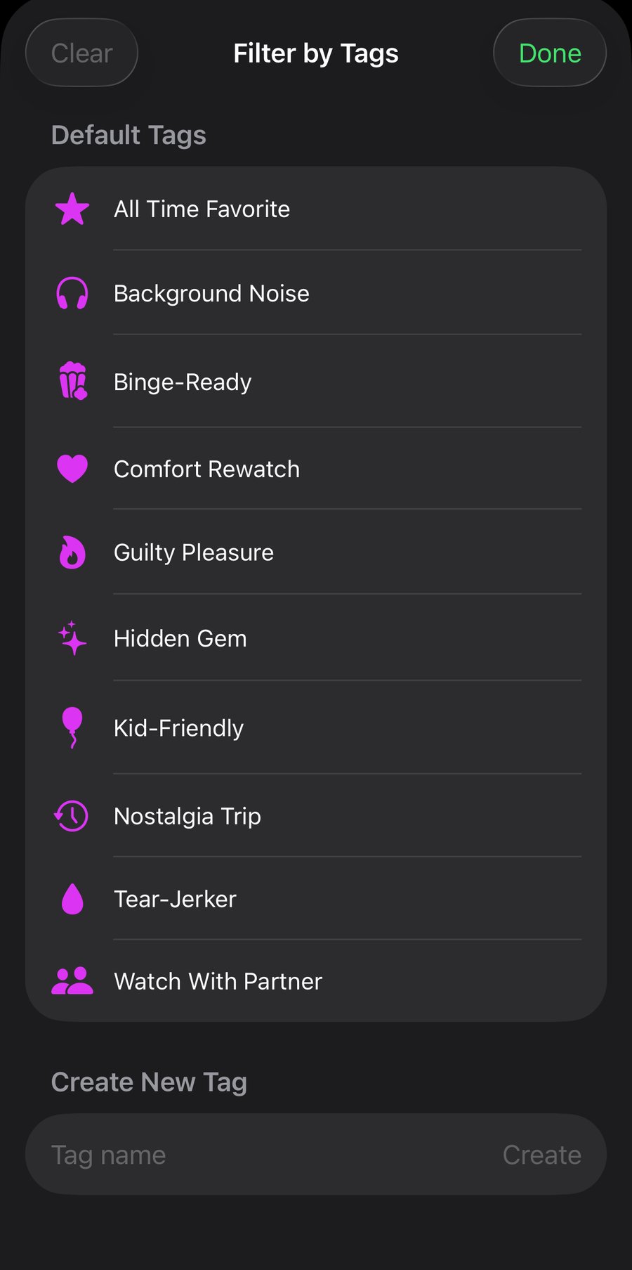 Filter by Tags sheet — default tags including All Time Favorite, Comfort Rewatch, Hidden Gem, Watch With Partner