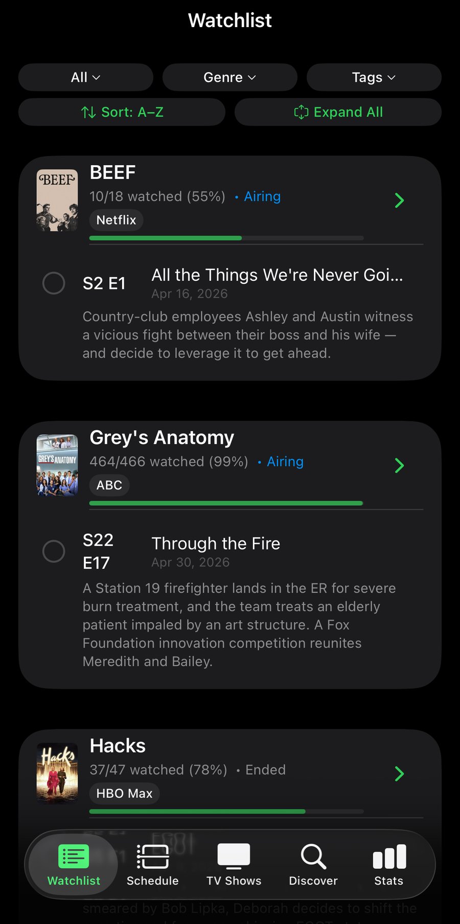 ShowFlow Watchlist on iPhone — list of tracked shows with progress bars and network pills